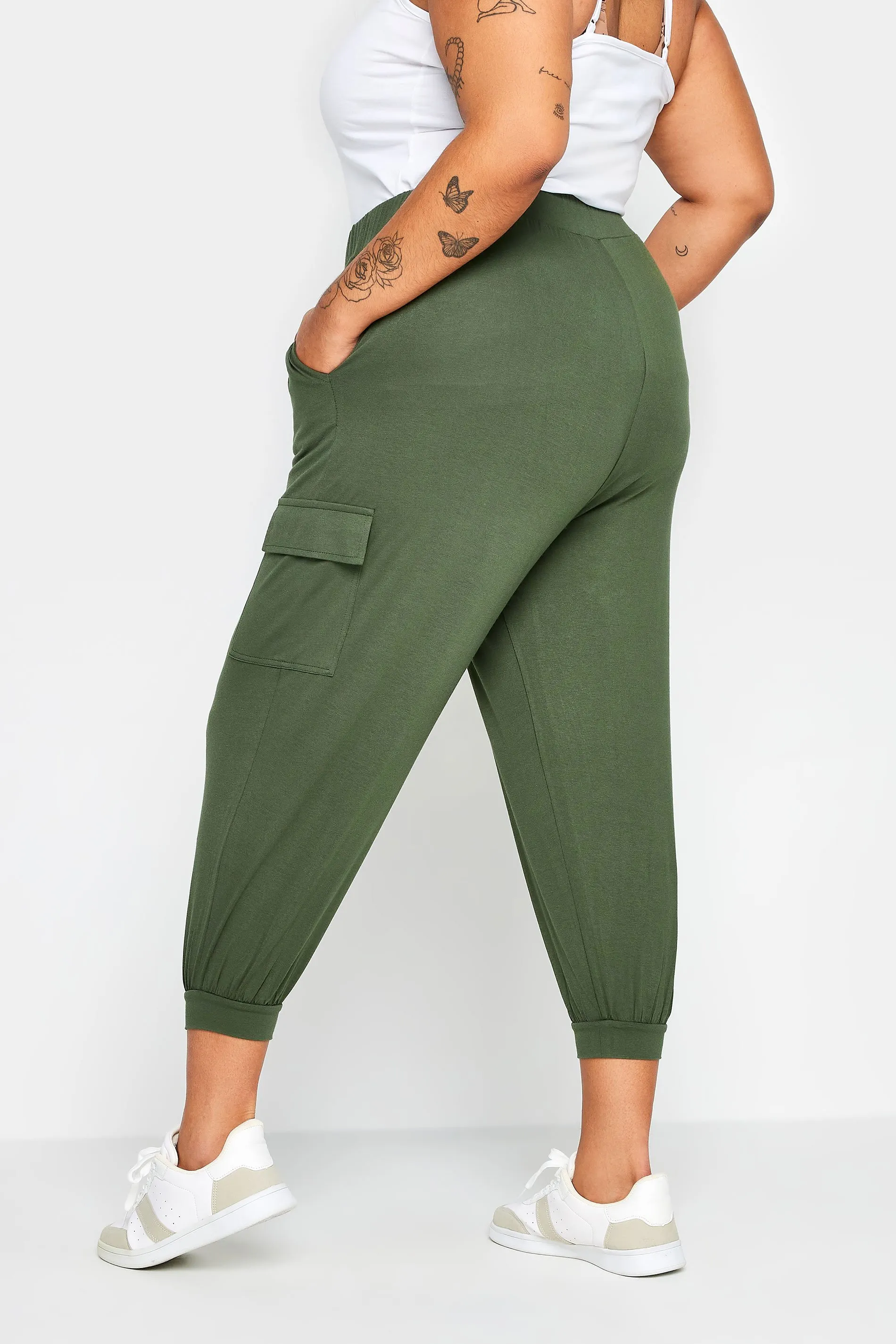 YOURS Curve Khaki Green Cropped Cargo Harem Trousers