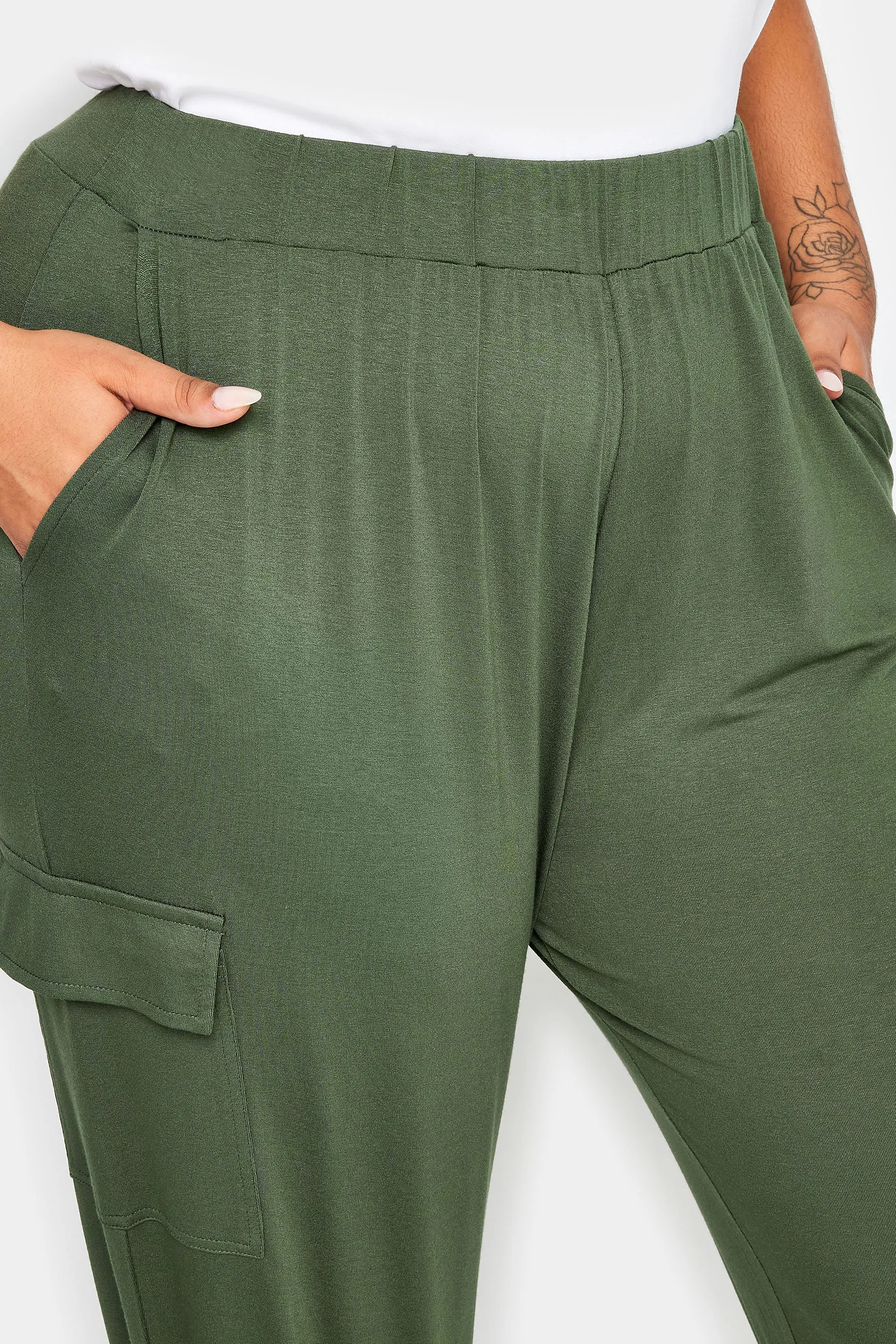 YOURS Curve Khaki Green Cropped Cargo Harem Trousers