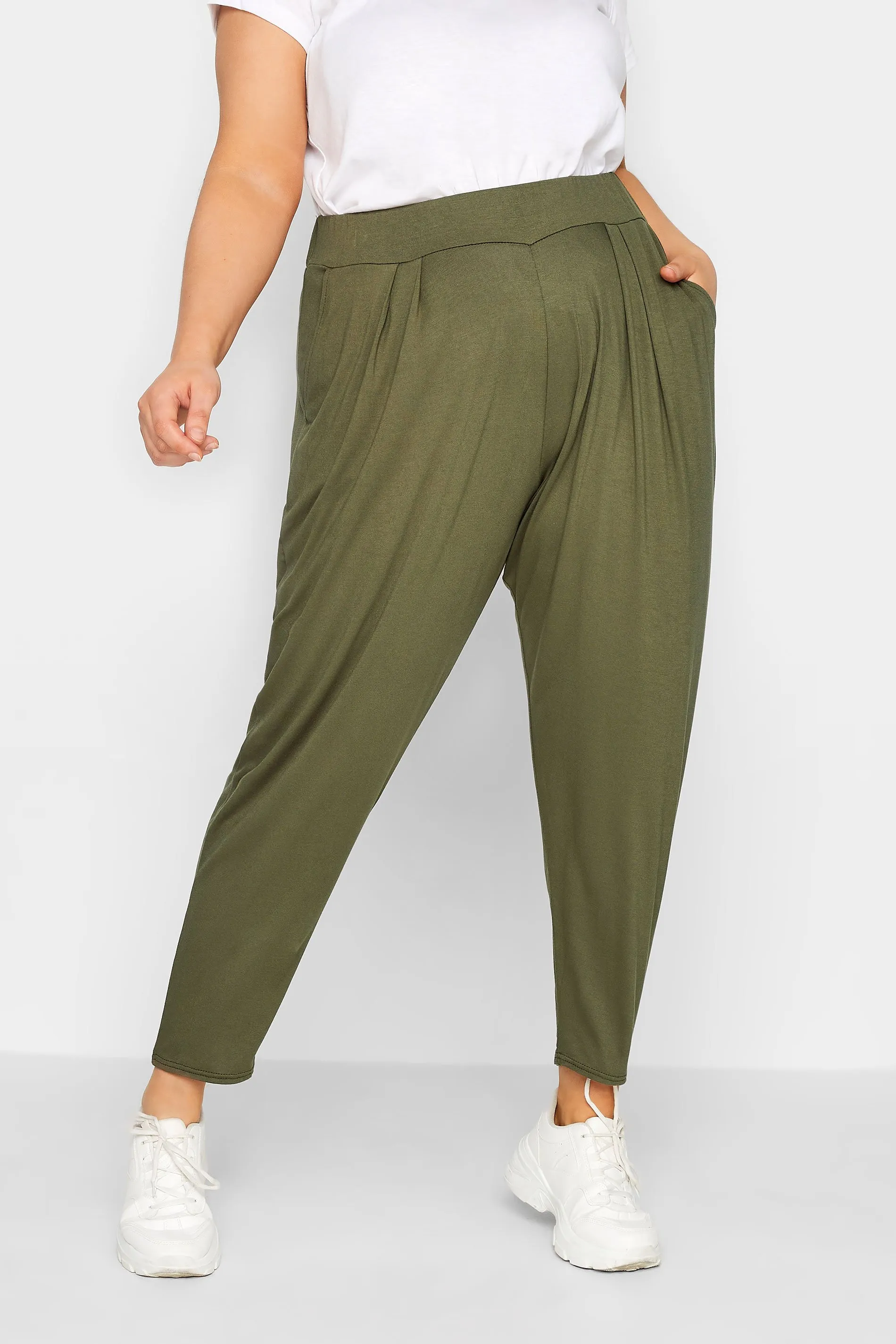 YOURS Curve Khaki Green Double Pleat Harem Trousers