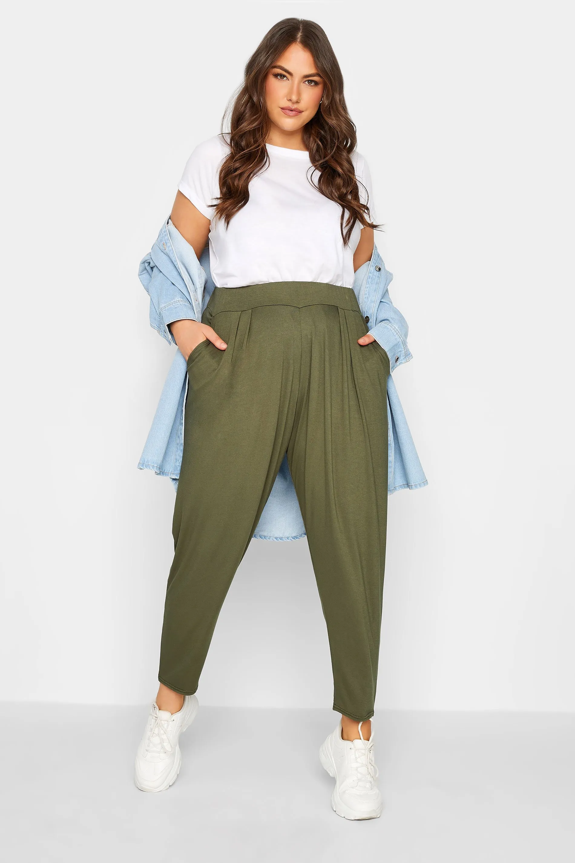 YOURS Curve Khaki Green Double Pleat Harem Trousers