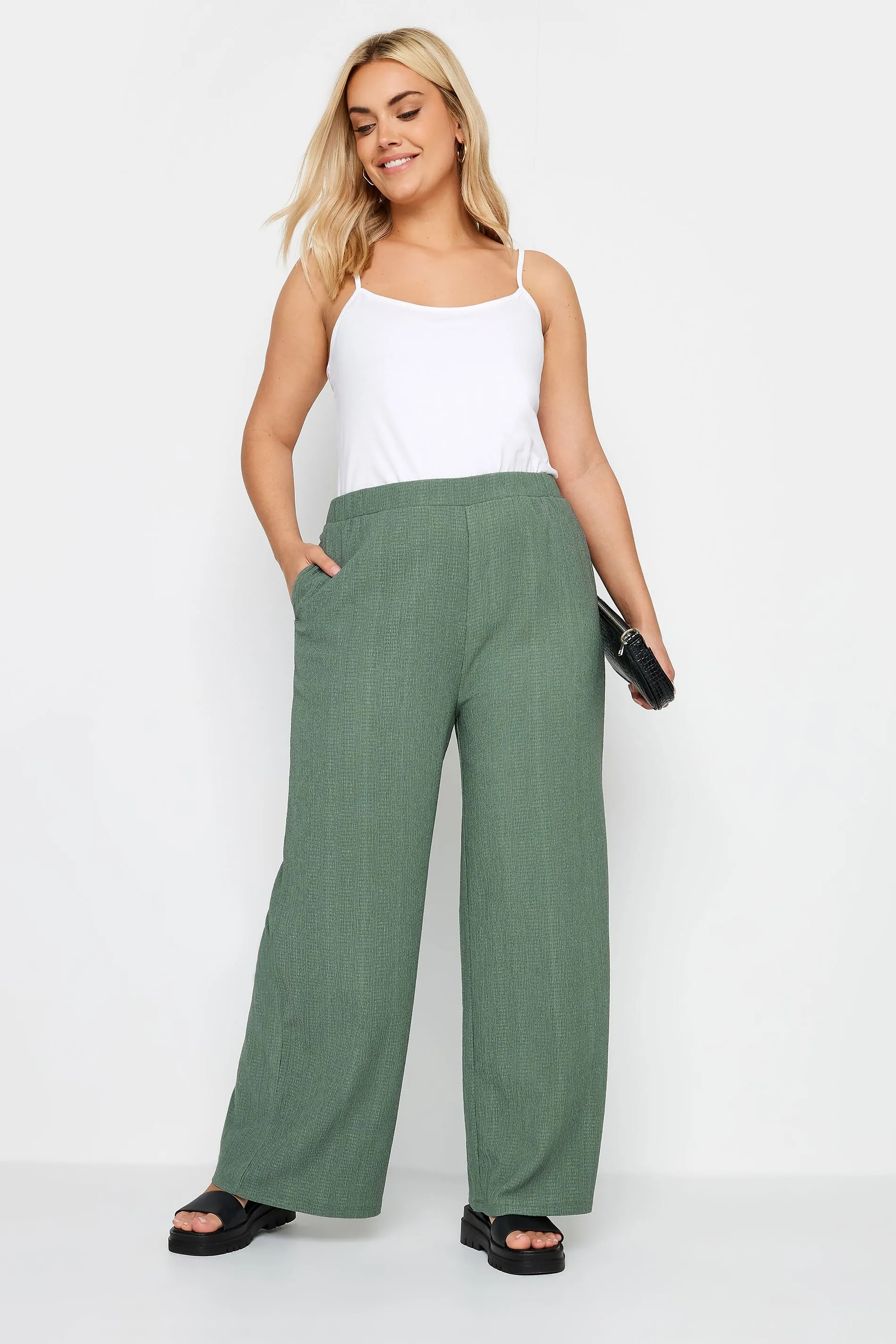 YOURS Curve Khaki Green Textured Wide Leg Trousers