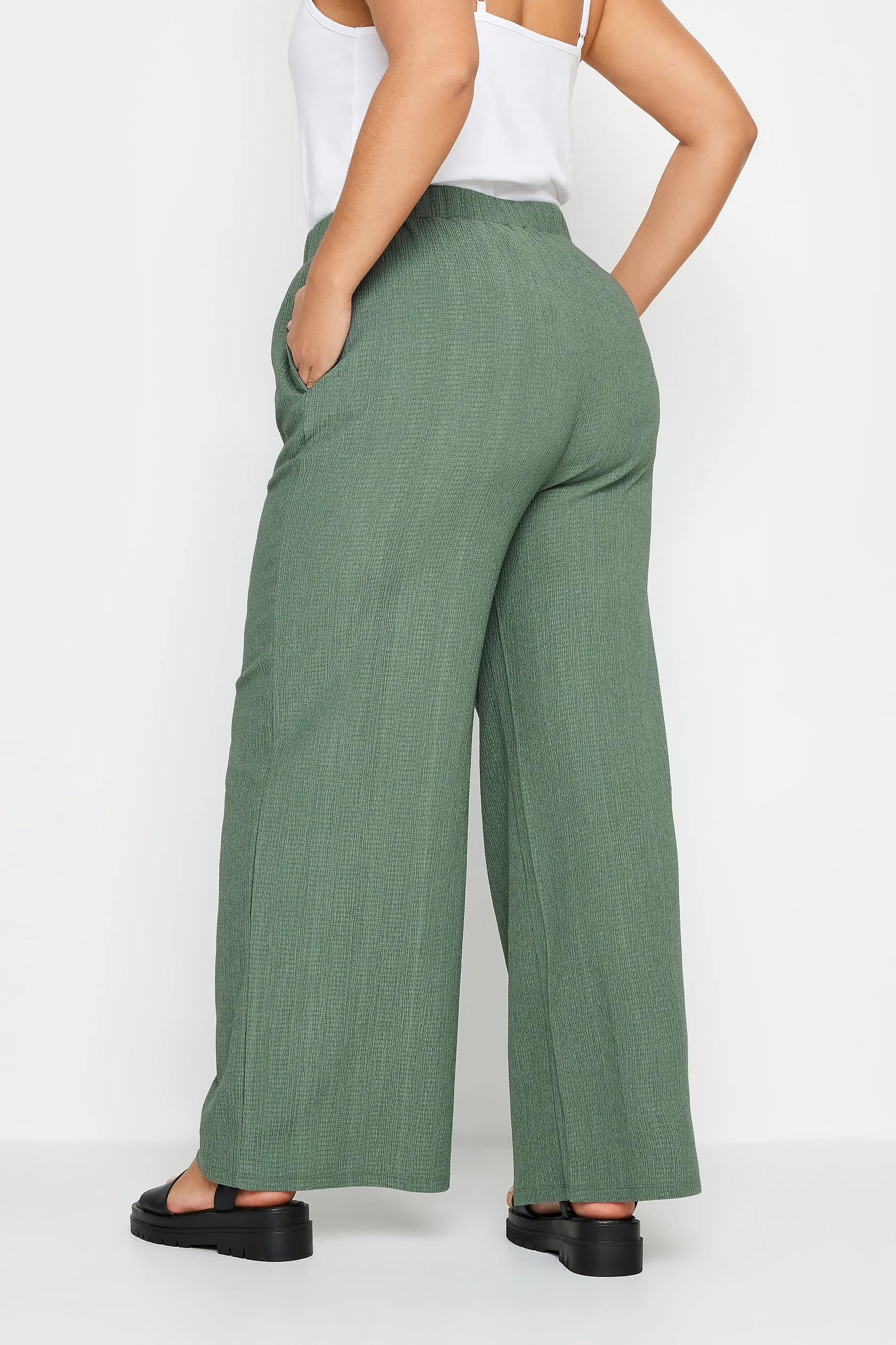 YOURS Curve Khaki Green Textured Wide Leg Trousers