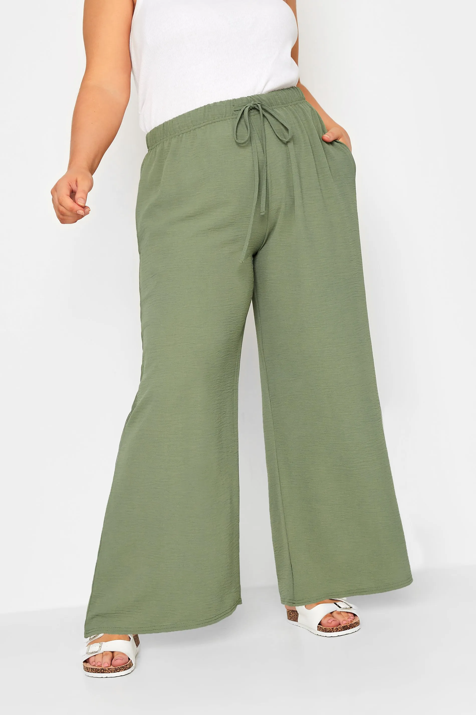 YOURS Curve Khaki Green Twill Wide Leg Trousers