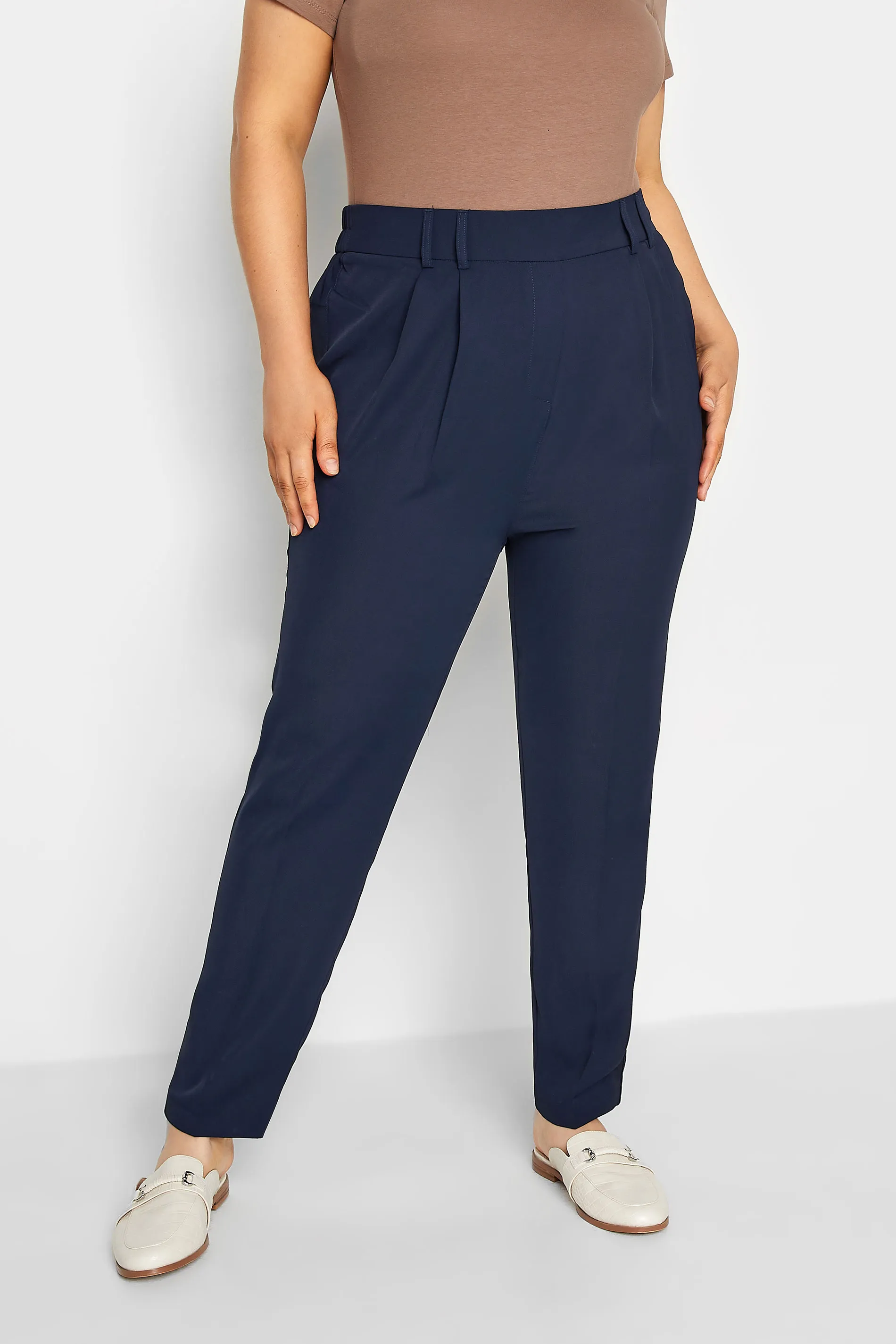 YOURS Curve Navy Blue Double Belted Tapered Trousers