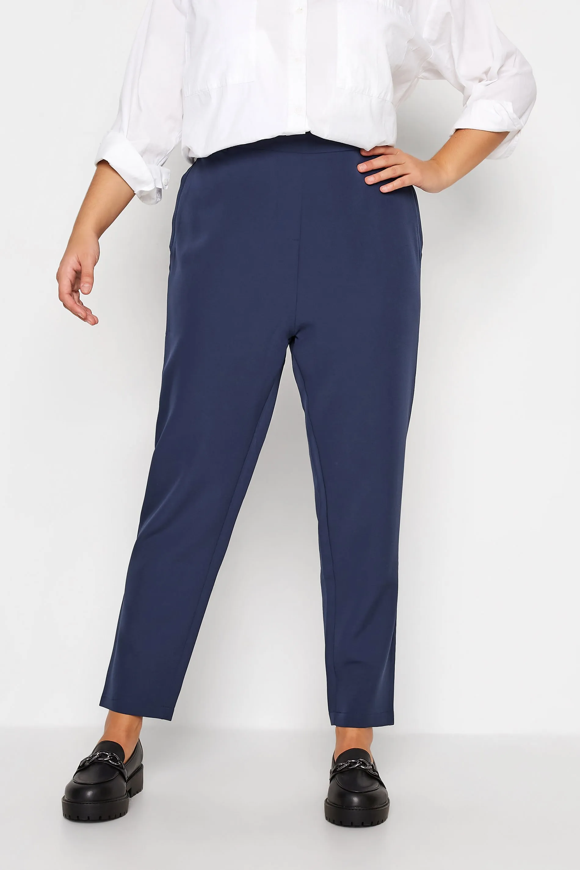 YOURS Curve Navy Blue High Waisted Tapered Trousers