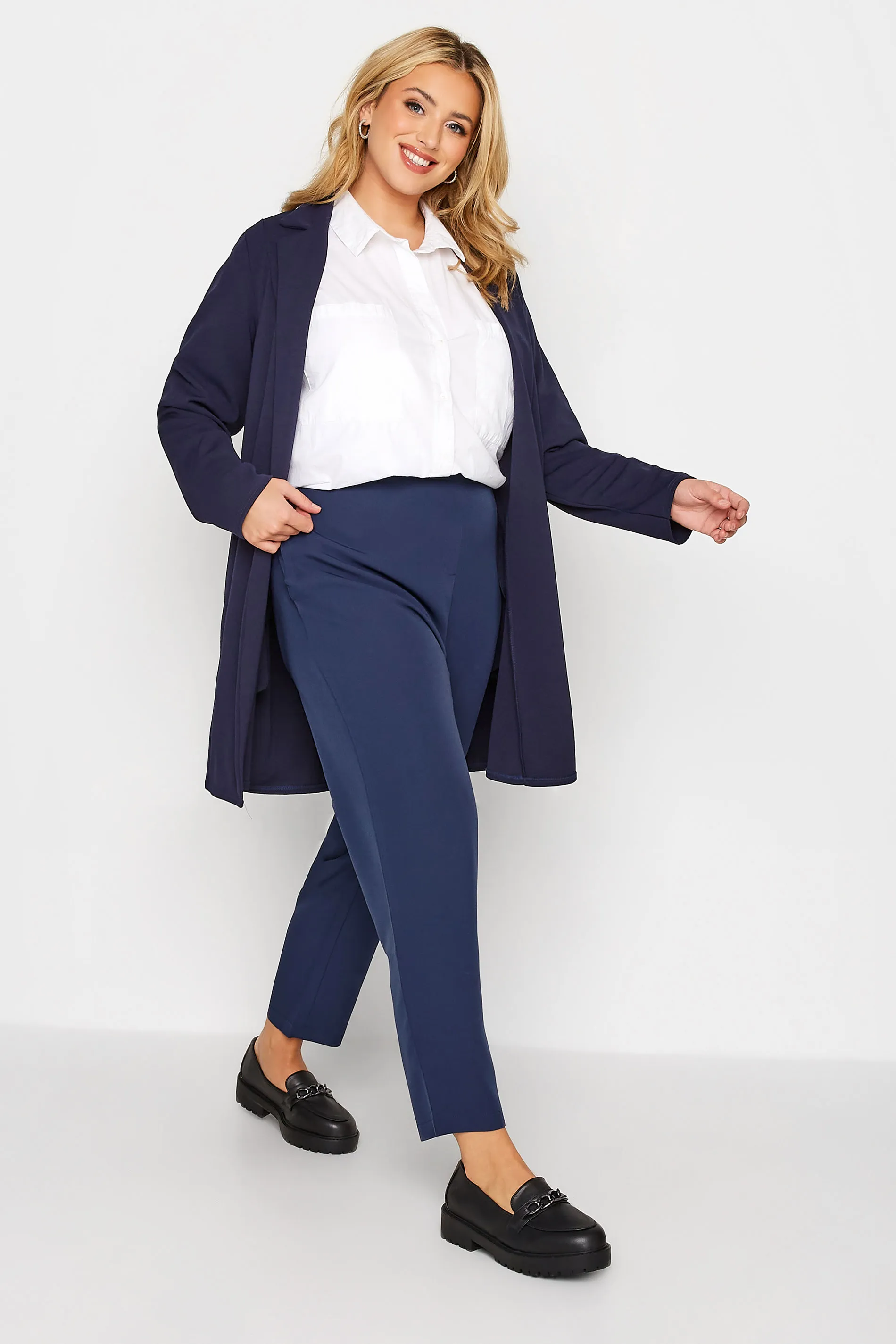 YOURS Curve Navy Blue High Waisted Tapered Trousers