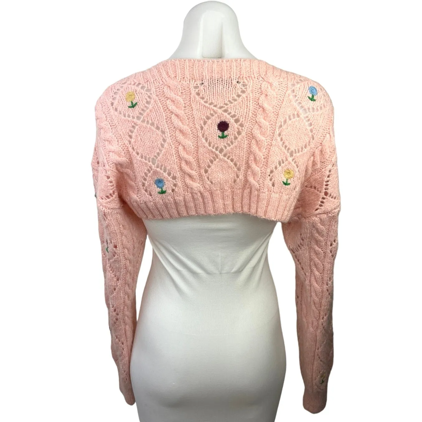 Zara Pink Knit Embroidered Floral Cozy Cropped Open Cardigan Sweater Top Size S