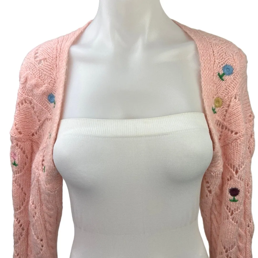 Zara Pink Knit Embroidered Floral Cozy Cropped Open Cardigan Sweater Top Size S