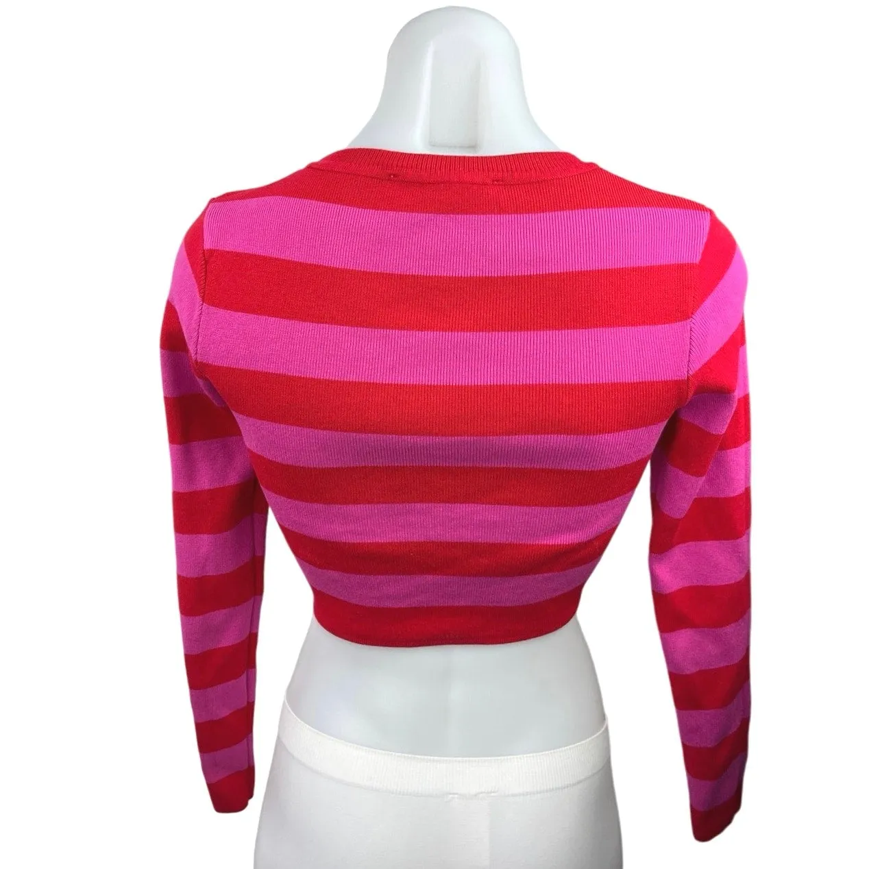 Zara Pink Red Striped Ribbed Knit Long Sleeve Cropped Pullover Sweater Top Sz S