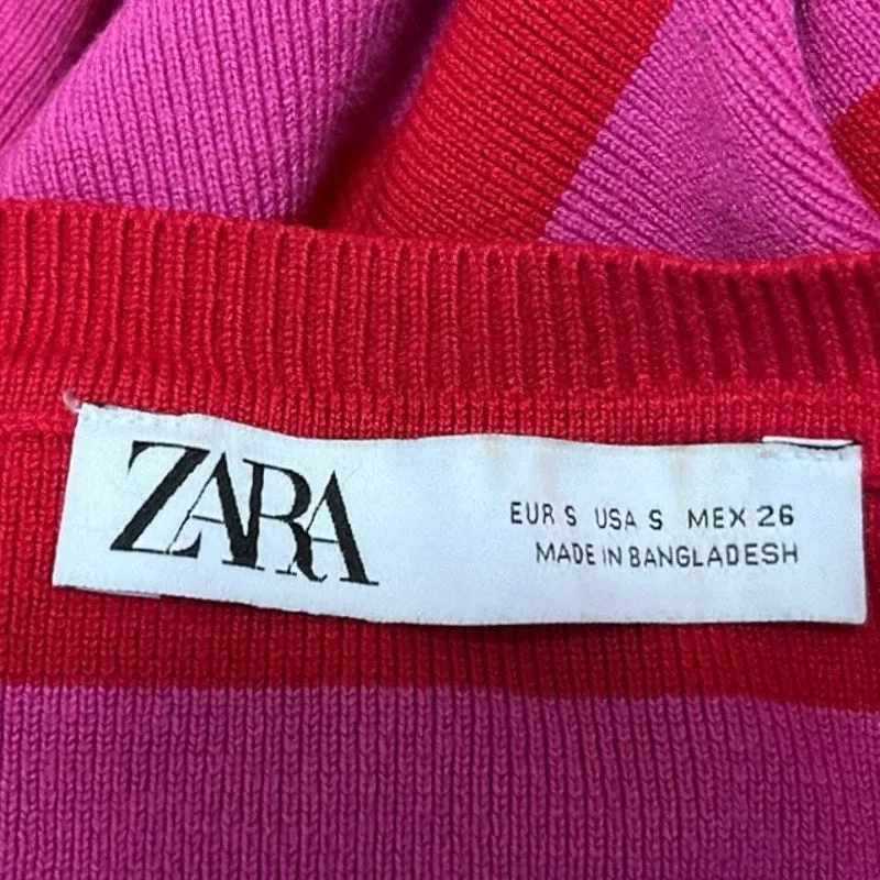 Zara Pink Red Striped Ribbed Knit Long Sleeve Cropped Pullover Sweater Top Sz S